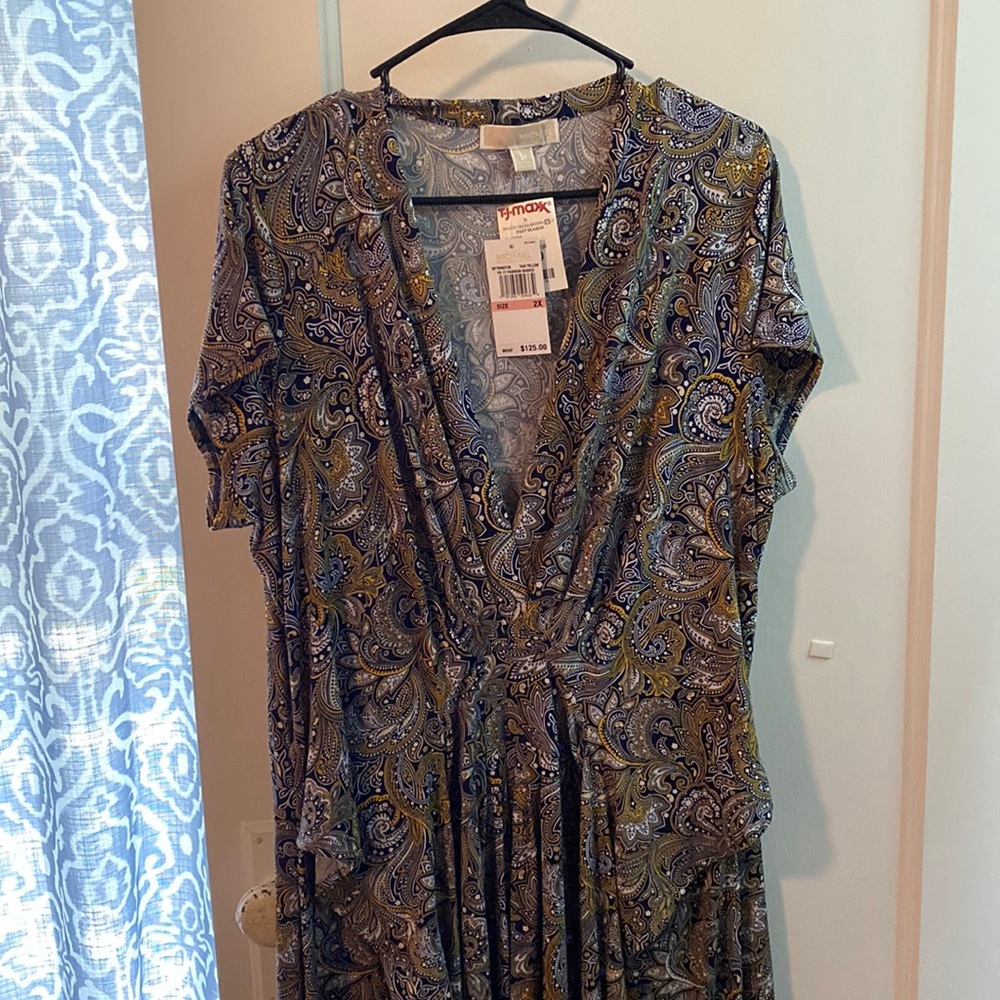 Michael Kors Womens dress 2x NWT paisley design blue and yellow